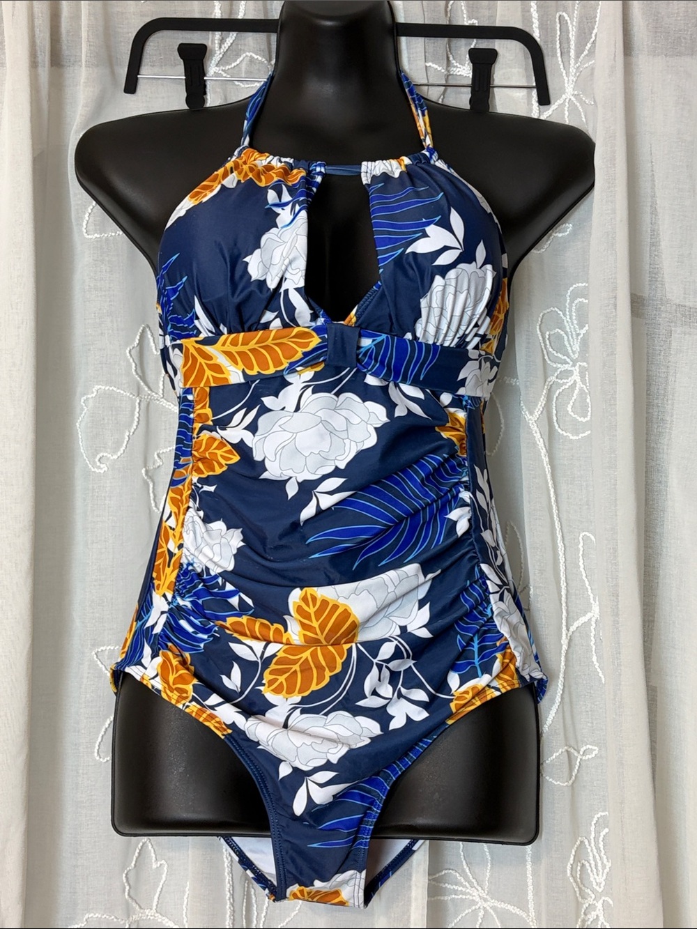 NWT Smismivo Navy Floral Halter One-Piece Swimsuit